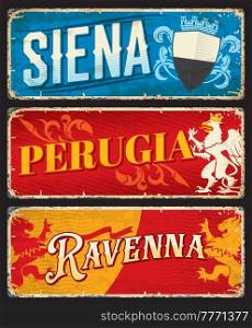 Siena, Perugia and Ravenna italian travel stickers and plates. Italy cities postcard or tin sings vector stickers. European country journey plates with cities Coat of Arms lion and griffin symbols. Siena, Perugia and Ravenna italian travel stickers