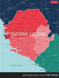 Sierra Leone country detailed editable map with regions cities and towns, roads and railways, geographic sites. Vector EPS-10 file. Sierra Leone country detailed editable map