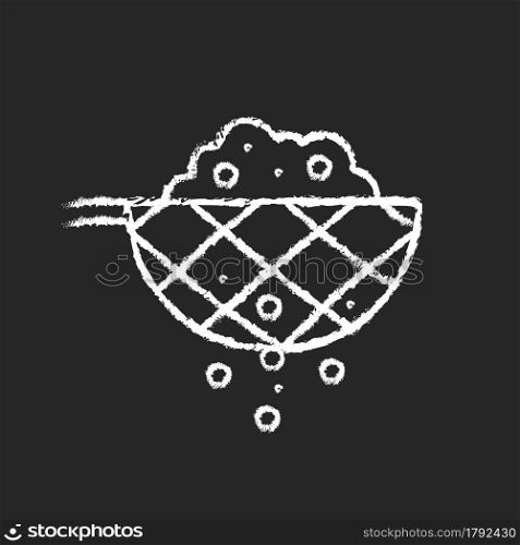 Sift cooking ingredient chalk white icon on dark background. Pass flour through mesh utensil. Domestic sieve. Cooking instruction. Food preparation. Isolated vector chalkboard illustration on black. Sift cooking ingredient chalk white icon on dark background