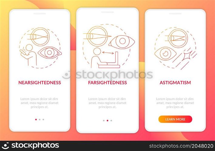 Sight issues to treat with the laser onboarding mobile app page screen. Eye surgery walkthrough 3 steps graphic instructions with concepts. UI, UX, GUI vector template with linear color illustrations. Sight issues to treat with the laser onboarding mobile app page screen