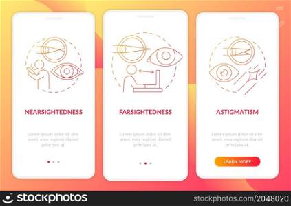 Sight issues to treat with the laser onboarding mobile app page screen. Eye surgery walkthrough 3 steps graphic instructions with concepts. UI, UX, GUI vector template with linear color illustrations. Sight issues to treat with the laser onboarding mobile app page screen