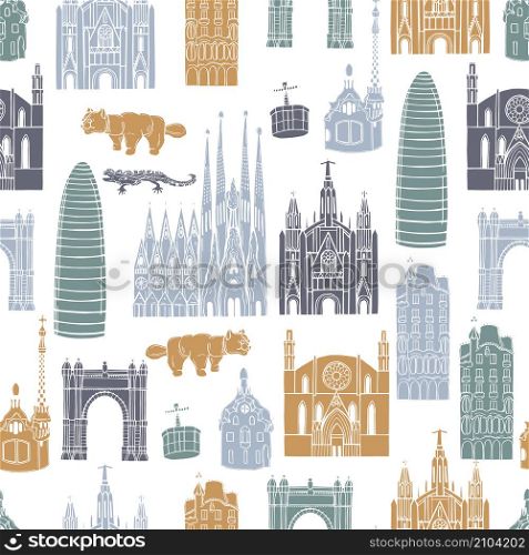Sights of Barcelona. Vector seamless pattern.. Sights of Barcelona. Vector pattern.