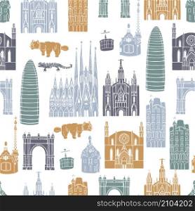 Sights of Barcelona. Vector seamless pattern.. Sights of Barcelona. Vector pattern.