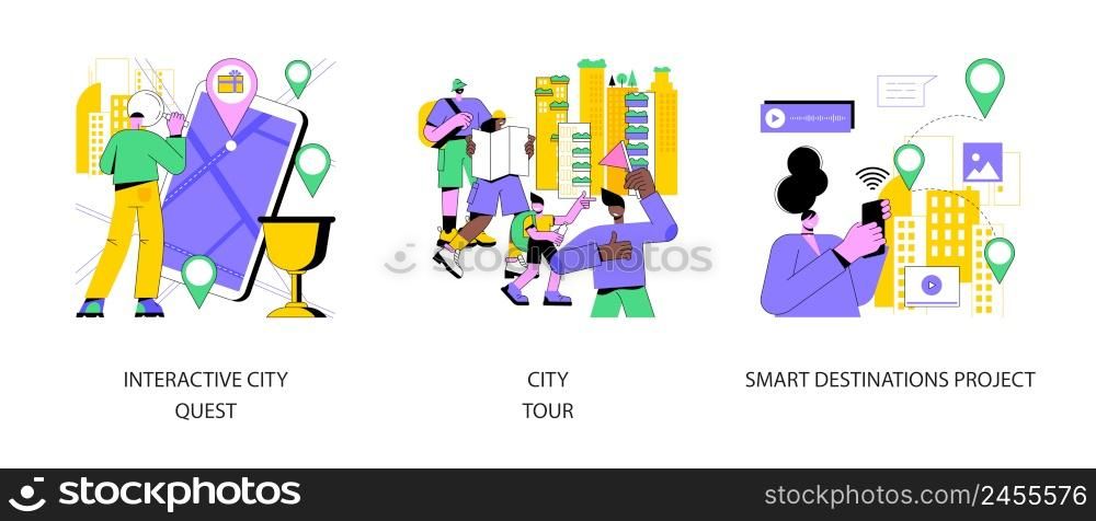 Sightseeing abstract concept vector illustration set. Interactive city quest, city tour, smart destinations project, urban park, old town, taking photos, smart spot, IoT tags abstract metaphor.. Sightseeing abstract concept vector illustrations.