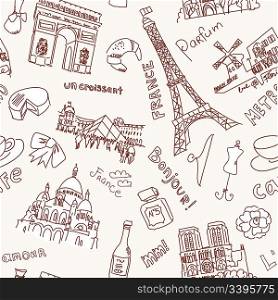 Sightseeing in Paris doodles. Seamless Background