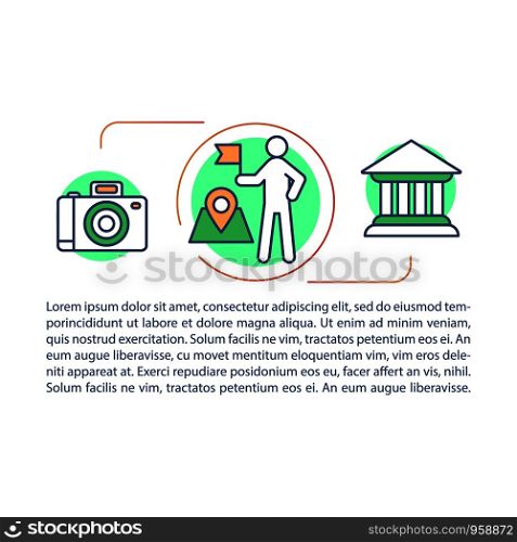Sightseeing tour, vacation, holiday excursions article page vector template. Brochure, magazine, booklet design element with linear icons and text boxes. Print design. Concept illustrations with text