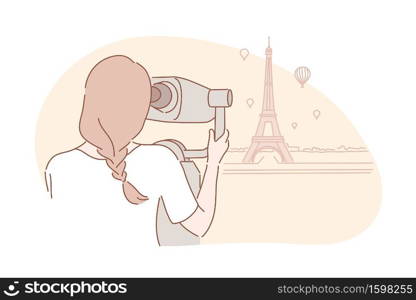 Sightseeng, travel, tourism concept. Young adventurous woman traveller looks at Eiffel tower. Girl tourist is on vacation in Paris. Eiffel tower is famous landmark in europe. Simple flat vector. Sightseeng, travel, tourism concept