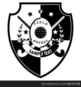 Sign field hockey on shield - two sticks, ball, ribbon with text, laurel branches and the &#xA;stars. Vector illustration.