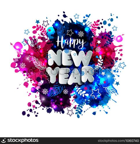 Sign Happy New Year in paper style on multicolor hand drawn blots background. Vector christmas illustration.. Sign Happy New Year in paper style on multicolor hand drawn blots background.
