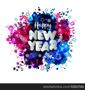 Sign Happy New Year in paper style on multicolor hand drawn blots background. Vector christmas illustration.. Sign Happy New Year in paper style on multicolor hand drawn blots background.