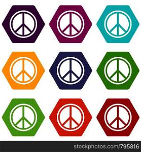Sign hippie peace icon set many color hexahedron isolated on white vector illustration. Sign hippie peace icon set color hexahedron