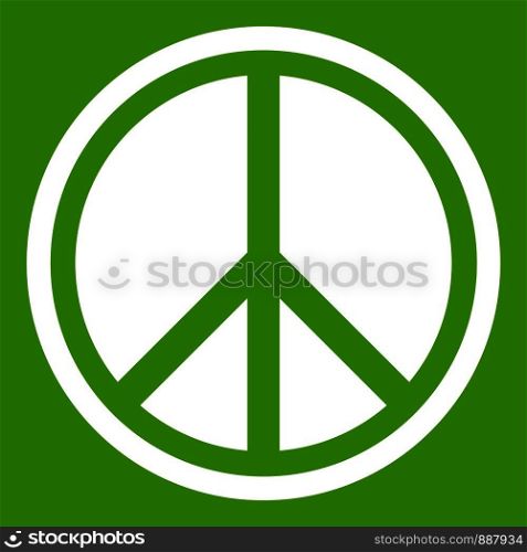 Sign hippie peace icon white isolated on green background. Vector illustration. Sign hippie peace icon green
