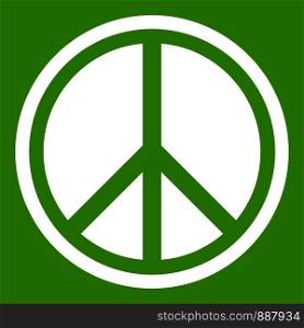 Sign hippie peace icon white isolated on green background. Vector illustration. Sign hippie peace icon green