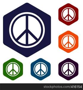 Sign hippie peace icons set rhombus in different colors isolated on white background. Sign hippie peace icons set