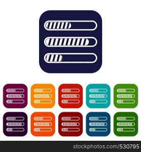 Sign horizontal columns load icons set vector illustration in flat style in colors red, blue, green, and other. Sign horizontal columns load icons set