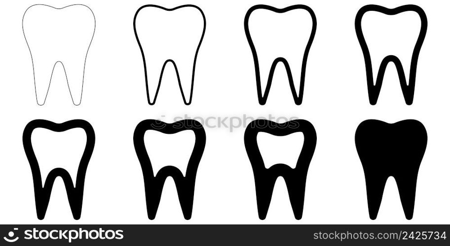 sign icon tooth shape, vector set of teeth with different contour thickness, dental tooth icons