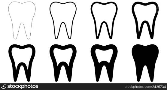 sign icon tooth shape, vector set of teeth with different contour thickness, dental tooth icons