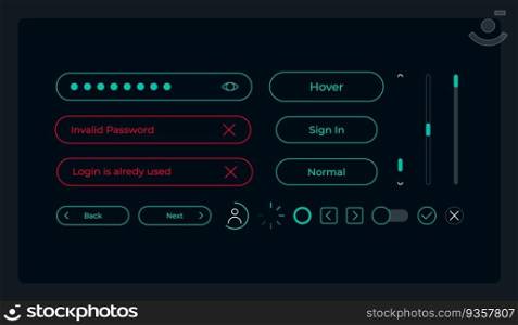 Sign in process UI elements kit. Create account isolated vector components. Flat navigation menus and interface buttons template. Web design widget collection for mobile application with dark theme. Sign in process UI elements kit