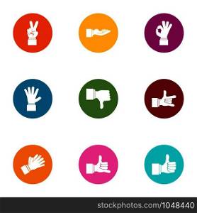 Sign language icons set. Flat set of 9 sign language vector icons for web isolated on white background. Sign language icons set, flat style