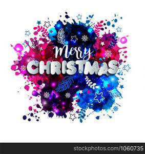 Sign Merry Christmas in paper style on multicolor hand drawn blots background. Vector christmass illustration.. Sign Merry Christmas in paper style on multicolor hand drawn blots background.