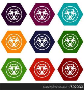 Sign of biological threat icon set many color hexahedron isolated on white vector illustration. Sign of biological threat icon set color hexahedron