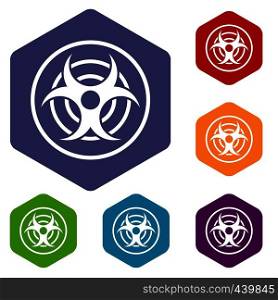 Sign of biological threat icons set hexagon isolated vector illustration. Sign of biological threat icons set hexagon