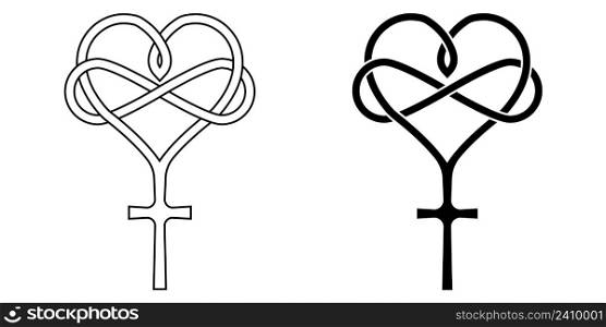 Sign of infinite love for God, heart with infinity symbol and cross, vector tattoo logo of love and faith for God