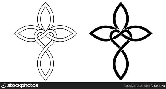 Sign of infinite love for God, heart with infinity symbol and cross, vector tattoo logo of love and faith in God, calligraphic cross