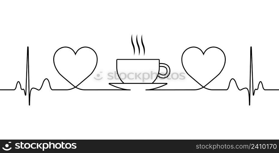 sign of love for coffee and tea, a symbol of tea drinking, a vector icon with a single line of hearts and a hot cup with steam