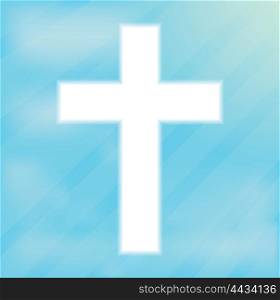 Sign of the cross, Christianity. Glowing white cream on a blue background. Religious symbol of Christianity. Crucifix and belief, catholicism and holy spirituality light shape, vector illustration
