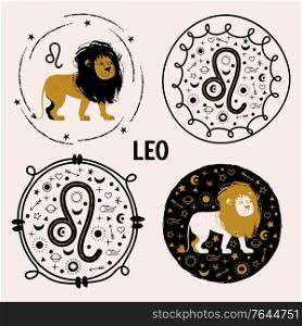 Sign of the zodiac Leo. Constellation of Leo. Set of vector round emblems in flat style. Horoscope and astrology.. Sign of the zodiac Leo. Constellation of Leo. Vector illustration in flat style.
