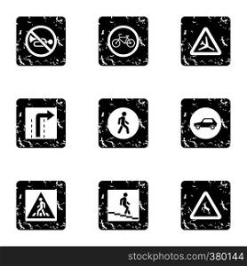 Sign on road icons set. Grunge illustration of 9 sign on road vector icons for web. Sign on road icons set, grunge style