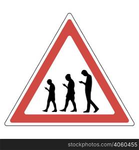 sign people smartphone, attention not attentive enthusiastic people using mobile devices in a red triangle, vector