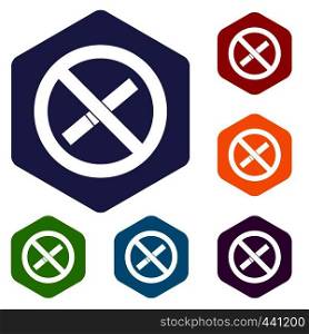 Sign prohibiting smoking icons set hexagon isolated vector illustration. Sign prohibiting smoking icons set hexagon