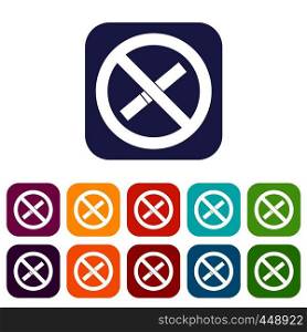 Sign prohibiting smoking icons set vector illustration in flat style In colors red, blue, green and other. Sign prohibiting smoking icons set flat