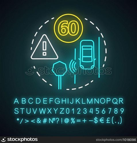 Sign recognition neon light concept icon. Traffic signs detection. Smart car on road. Sensor technologies idea. Glowing sign with alphabet, numbers and symbols. Vector isolated illustration