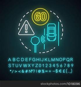 Sign recognition neon light concept icon. Traffic signs detection. Smart car on road. Sensor technologies idea. Glowing sign with alphabet, numbers and symbols. Vector isolated illustration