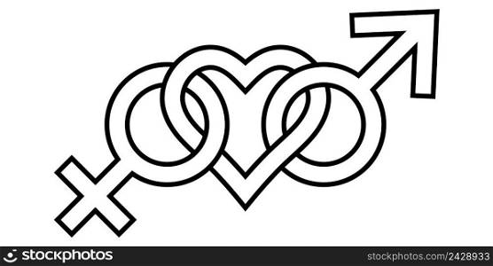Sign symbol of love for man and woman gender icons connected by heart, vector LGBT Prime sign symbol of bisexuality and love