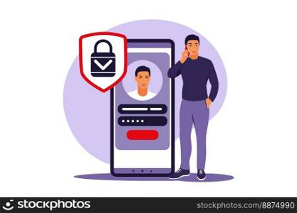 Sign up concept. Young man signing up or login to online account on smartphone app. Secure login and password. Vector illustration. Flat.