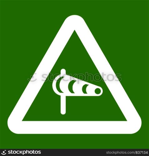Sign warning about cross wind from the left icon white isolated on green background. Vector illustration. Sign warning about cross wind from the left icon green