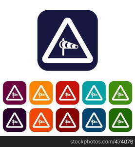 Sign warning about cross wind from the left icons set vector illustration in flat style In colors red, blue, green and other. Sign warning about cross wind from the left icons