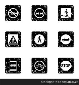 Sign warning icons set. Grunge illustration of 9 sign warning vector icons for web. Sign warning icons set, grunge style