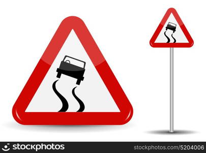 Sign Warning Slippery road. In Red Triangle is a sketchy machine that skidded. Vector Illustration. EPS10. Sign Warning Slippery road. In Red Triangle is a sketchy machine that skidded. Vector Illustration.