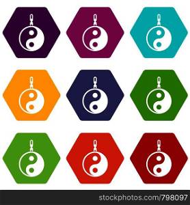 Sign yin yang icon set many color hexahedron isolated on white vector illustration. Sign yin yang icon set color hexahedron