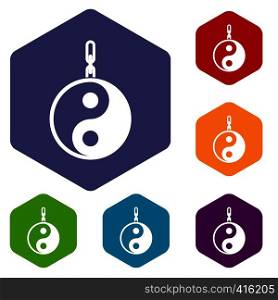 Sign yin yang icons set rhombus in different colors isolated on white background. Sign yin yang icons set