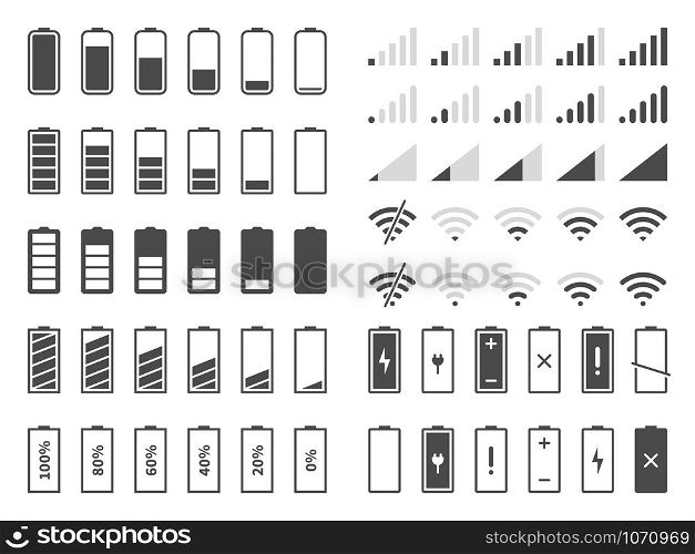 Signal and battery icons. Network signal strength and telephone charge level. Battery status, wifi internet wireless loading vector system power timely completion sign set. Signal and battery icons. Network signal strength and telephone charge level. Battery status, wifi internet wireless loading vector set