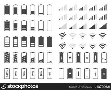 Signal and battery icons. Network signal strength and telephone charge level. Battery status, wifi internet wireless loading vector system power timely completion sign set. Signal and battery icons. Network signal strength and telephone charge level. Battery status, wifi internet wireless loading vector set