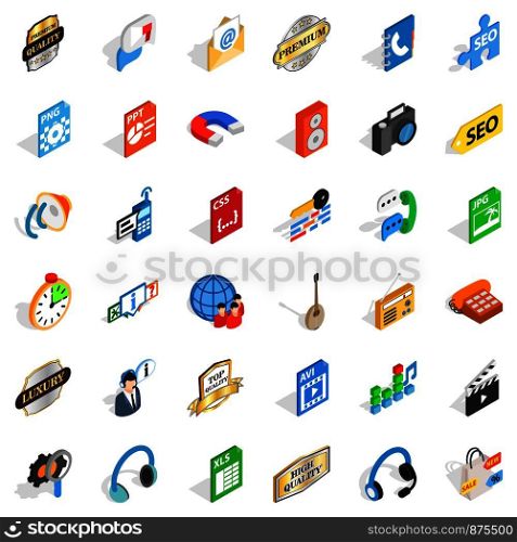 Signal icons set. Isometric style of 36 signal vector icons for web isolated on white background. Signal icons set, isometric style
