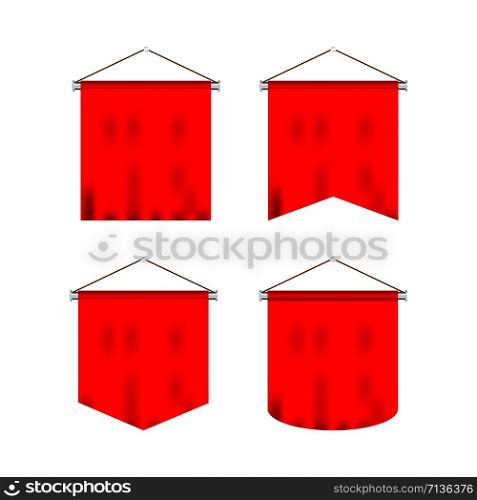 Signal red long sport advertising pennants banners samples on pole stand support pedestal realistic set. Vector stock illustration.. Signal red long sport advertising pennants banners samples on pole stand support pedestal realistic set. Vector illustration.