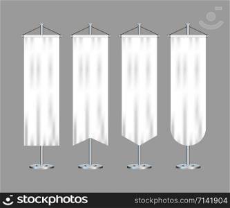 Signal white long sport advertising pennants banners samples on pole stand support pedestal realistic set. Vector illustration. Signal white long sport advertising pennants banners samples on pole stand support pedestal realistic set. Vector illustration.